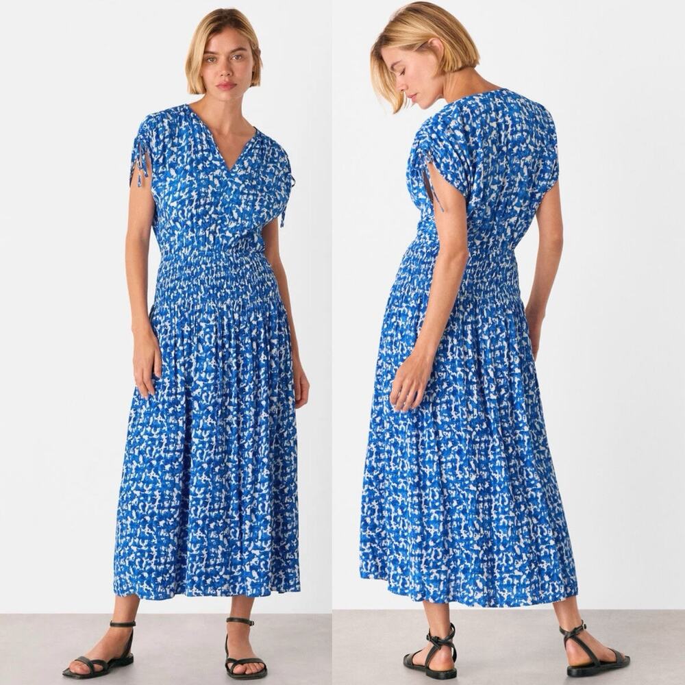 Whistles Brushed Stroke Pleated Midi Dress Size 10 Abstract blue print Feminine
